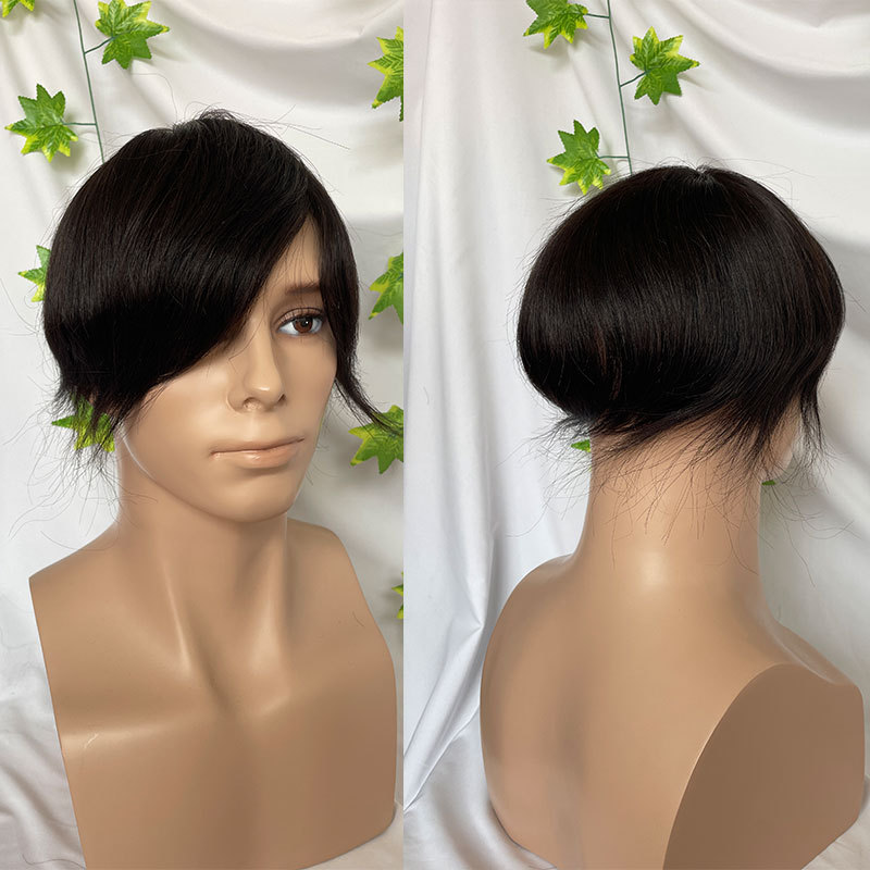 Skin Full PU Toupee For Men 9.5X8.5Inch Mens Toupee Human Hair Natural Black Mens Hair Piece V-looped Hair Wig For Men Replacement Hair System Hairpieces