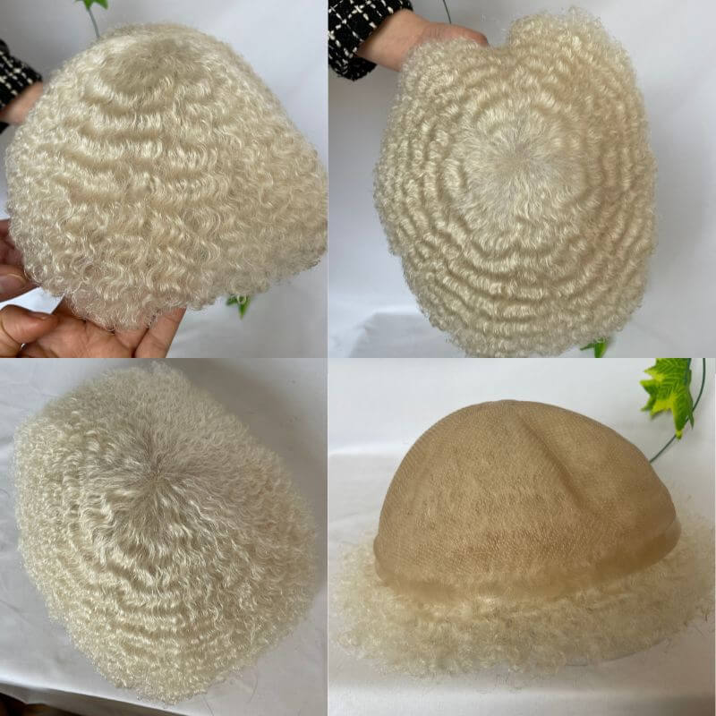 Voloria Toupee Afro Curly White Color Human Hair 10X8 inch 6-8mm Curly Human Hair Mens Hairstyles 360 Men Wave Swiss Full Lace Curly Wigs Toupee