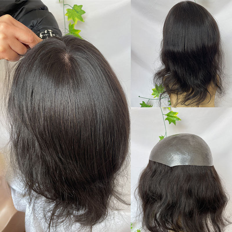 Men's Toupee Long Women Hair Toupee PU Base Straight Human Hair Pieces Brown Hair Replacement Systems Remy Hair 8X10inch 12inch Men' s Toupee Wig