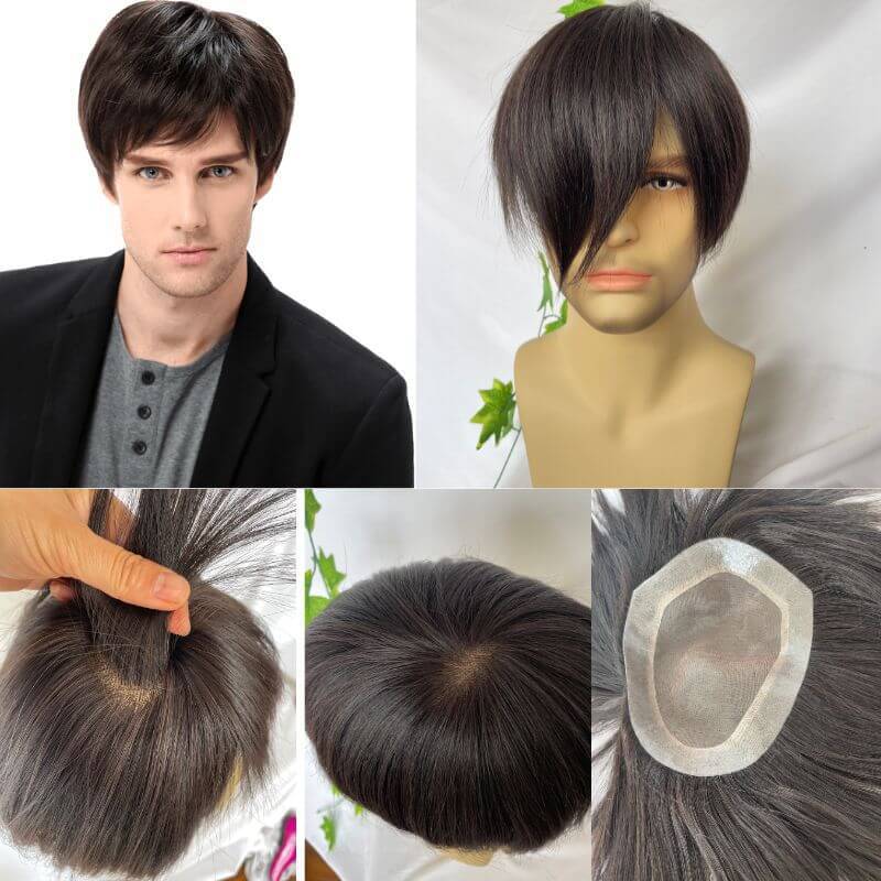 Voloria Men's Toupee 7.5X6.5inch  PU and MOMO Lace PU Round Sikin Lace Hair System 14X19cm Natural Color 1B