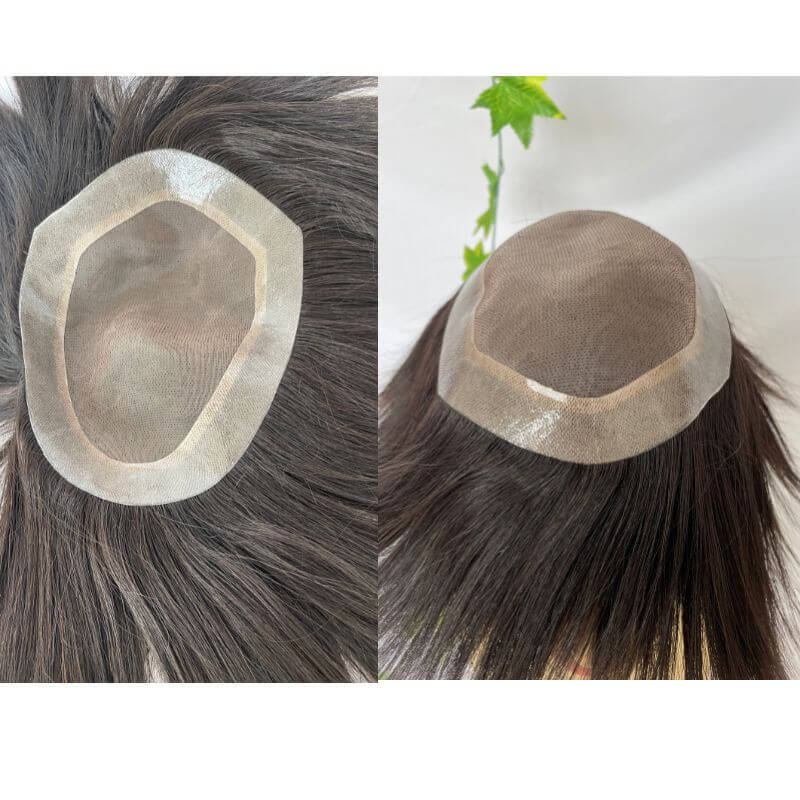 Voloria Men's Toupee 7.5X6.5inch  PU and MOMO Lace PU Round Sikin Lace Hair System 14X19cm Natural Color 1B