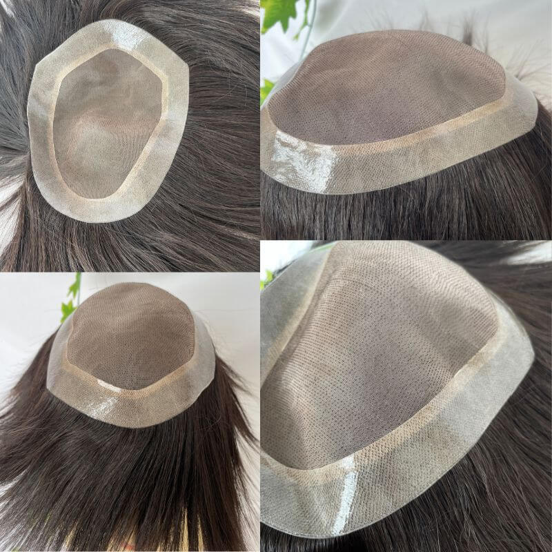 Voloria Men's Toupee 7.5X6.5inch  PU and MOMO Lace PU Round Sikin Lace Hair System 14X19cm Natural Color 1B