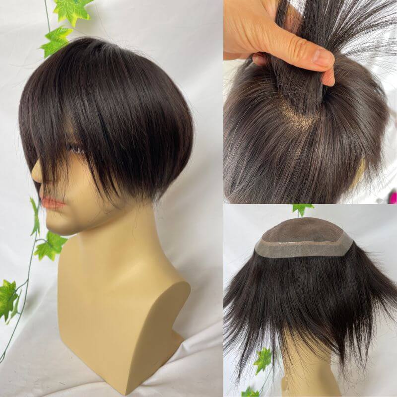 Voloria Men's Toupee 7.5X6.5inch  PU and MOMO Lace PU Round Sikin Lace Hair System 14X19cm Natural Color 1B