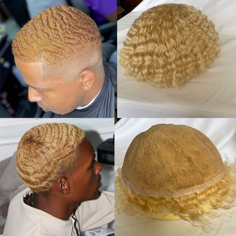 Human Hair Mens Hairstyles 360 Men Wave Swiss Full Lace Curly Wigs Toupee 613# Color Toupee For Mens Afro Kinky Curly Toupee Hair Weave
