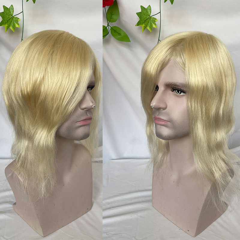 PU Skin Toupee For Men Blond 613# 12inch Long Human Hair European Virgin Hair Pieces For Men Hair Replacemnt System 10x8inch Men's Wig 130% Density