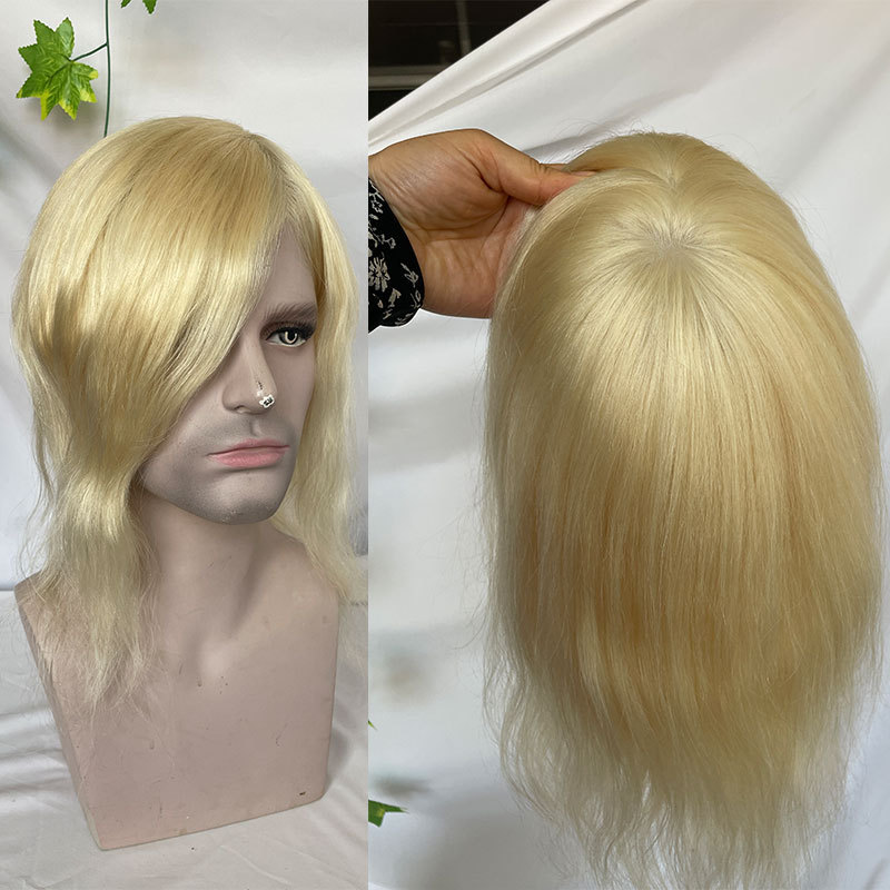 PU Skin Toupee For Men Blond 613# 12inch Long Human Hair European Virgin Hair Pieces For Men Hair Replacemnt System 10x8inch Men's Wig 130% Density