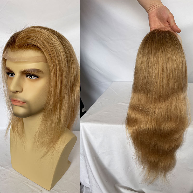 12-14inch Long Virgin Human Hair Toupee For Men Mono Best Natural Hairline Men's Wig Ombre Blonde Color 12inch 10x8 Toupee Men Hair Wigs