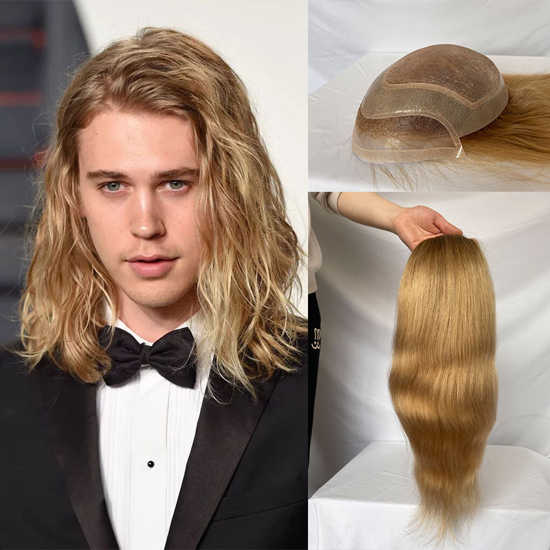 12-14inch Long Virgin Human Hair Toupee For Men Mono Best Natural Hairline Men's Wig Ombre Blonde Color 12inch 10x8 Toupee Men Hair Wigs