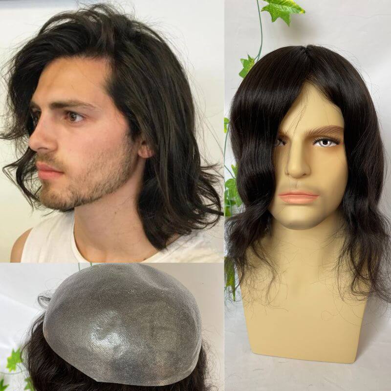 Voloria 12inch Toupee For Man Thin Skin Full PU Men's Hair System Virgin Human Hair 1B Natural Color Replacement System Pieces For Men 10x8inch