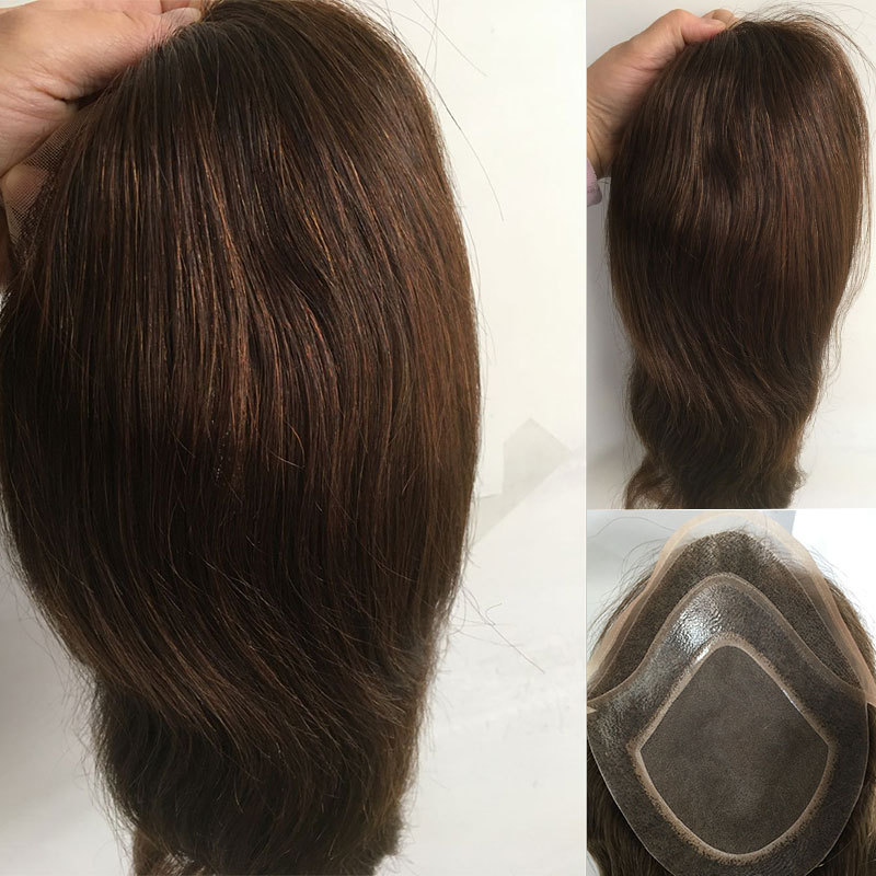 Long Hair Men's Toupee 12inch 100% Virgin Human Hair Toupee Replacement Systems For Men Wigs 10"x8" Base Size Brown Ombre Ash Blonde Color