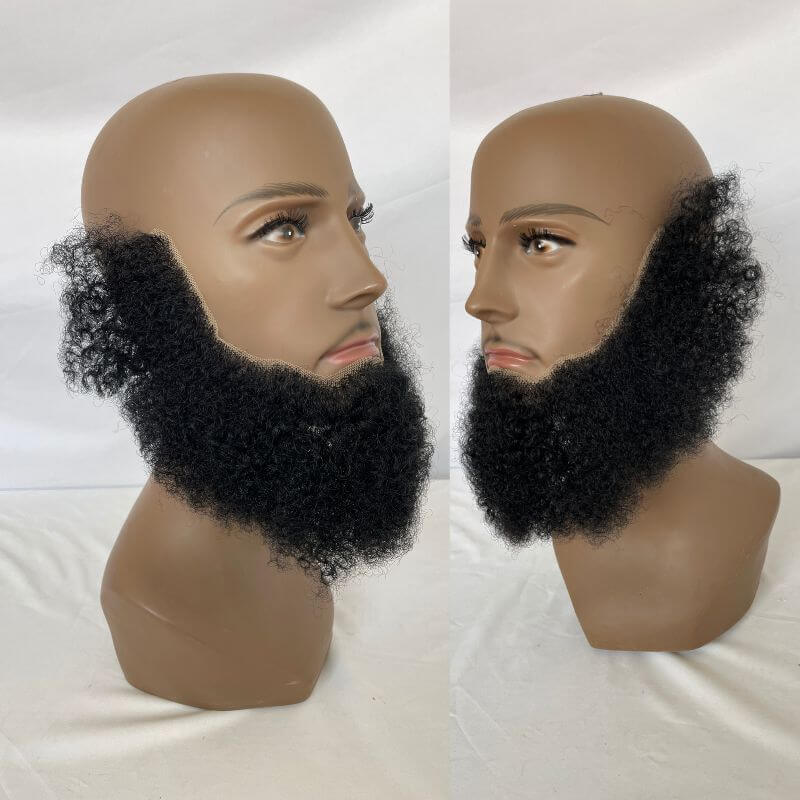 Real Human Hair Afro Curl Face Beard Mustache For American Black Men Realistic Makeup Lace Base Replace System 1B Black Color