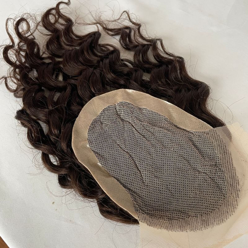 Lace Front Mens Toupee Human Hair Curly Toupee For Men  11X17cm PU around Brown Men's Replacement System Hair Toupee