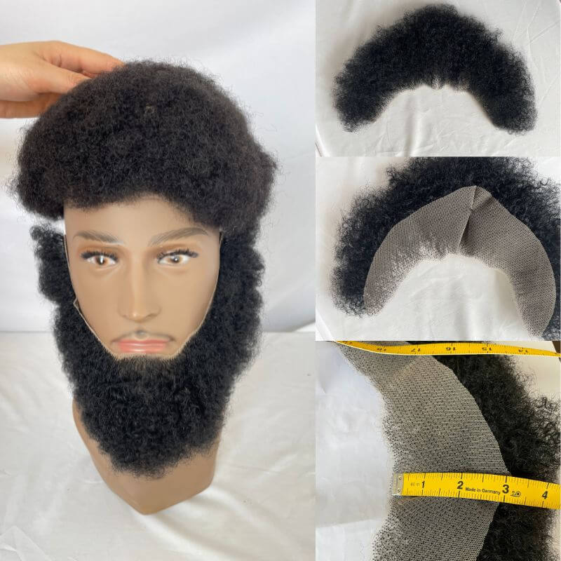 Real Human Hair Afro Curl Face Beard Mustache For American Black Men Realistic Makeup Lace Base Replace System 1B Black Color