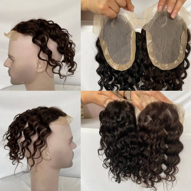 Lace Front Mens Toupee Human Hair Curly Toupee For Men  11X17cm PU around Brown Men's Replacement System Hair Toupee