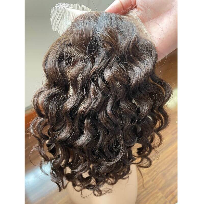 Lace Front Mens Toupee Human Hair Curly Toupee For Men  11X17cm PU around Brown Men's Replacement System Hair Toupee