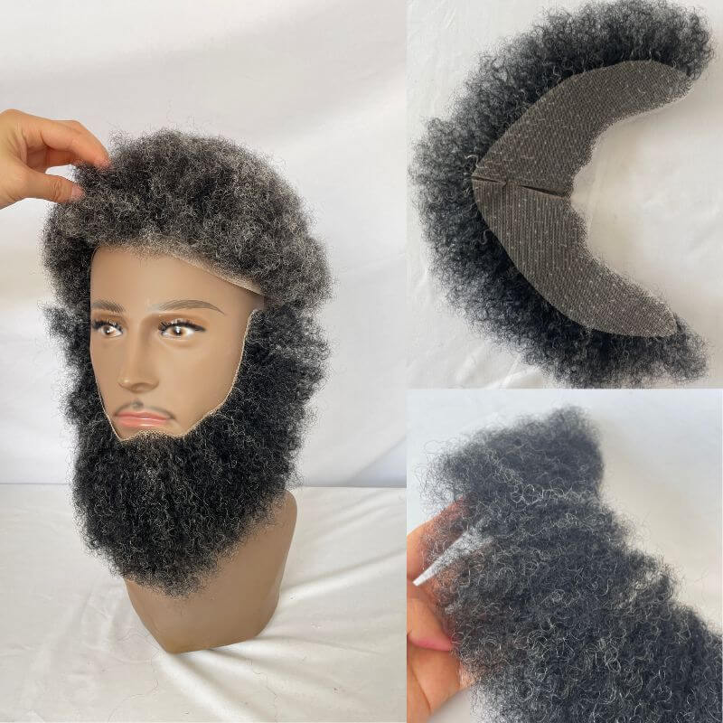 Real Human Hair Afro Curl Face Beard Mustache For American Black Men Realistic Makeup Lace Base Replace System 1B Black Color
