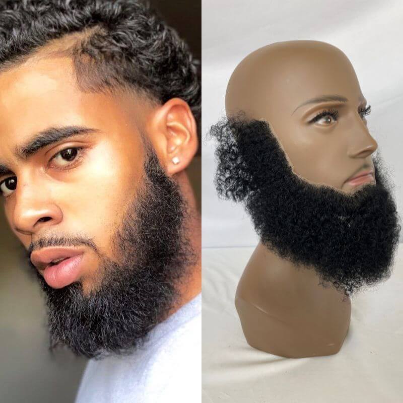 Real Human Hair Afro Curl Face Beard Mustache For American Black Men Realistic Makeup Lace Base Replace System 1B Black Color