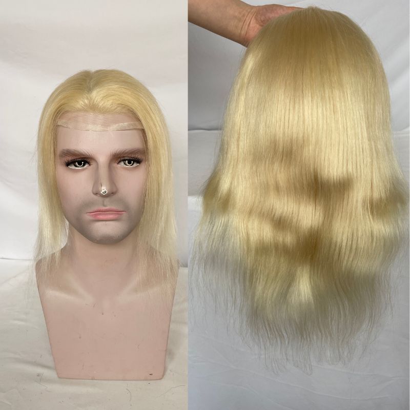 12 Inch Long Hair Men's Toupee 100% Remy Human Hair Toupee Replacement Systems For Men Wigs 613 Blonde Color