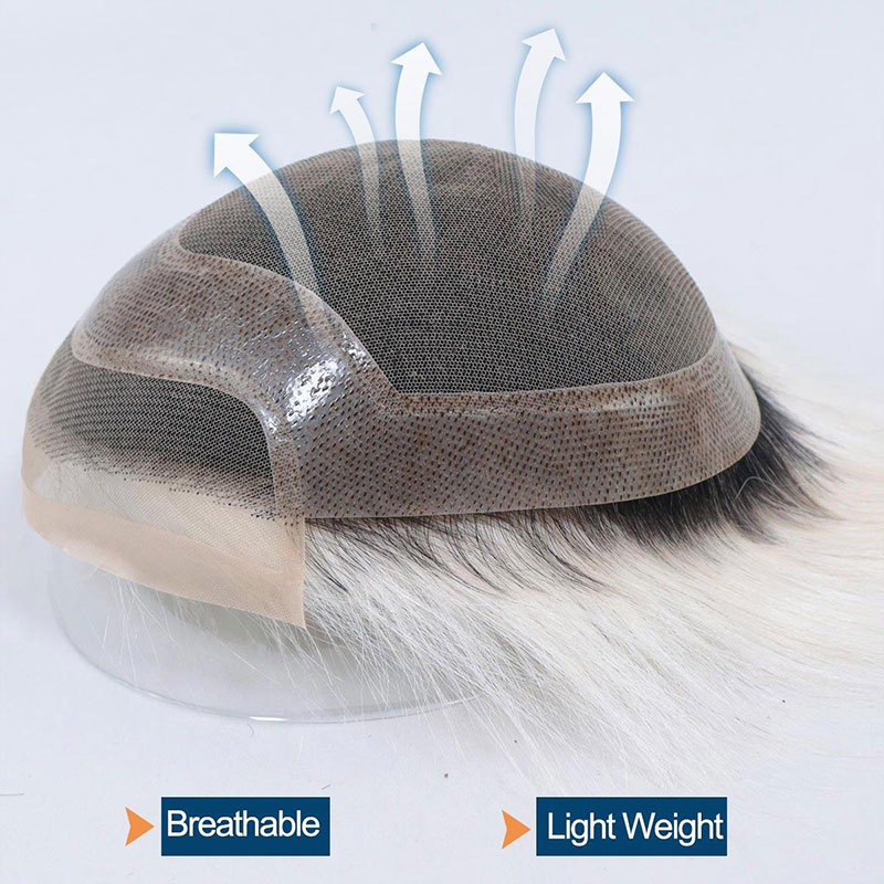 Human Hair Toupee Swiss Lace Front T1B/60 Platinum Blonde Color Hairpieces Durable 8x10" Replacement System Men's Wig