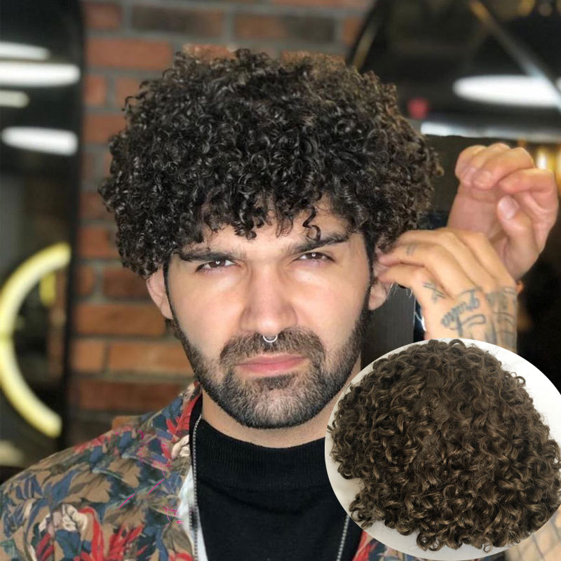 Toupee for Men 100% Human Hair Replacement System Hairpieces Soft Thin Super Full Swiss Lace Toupee 10”x8” Base Small Curly Natural Black Color