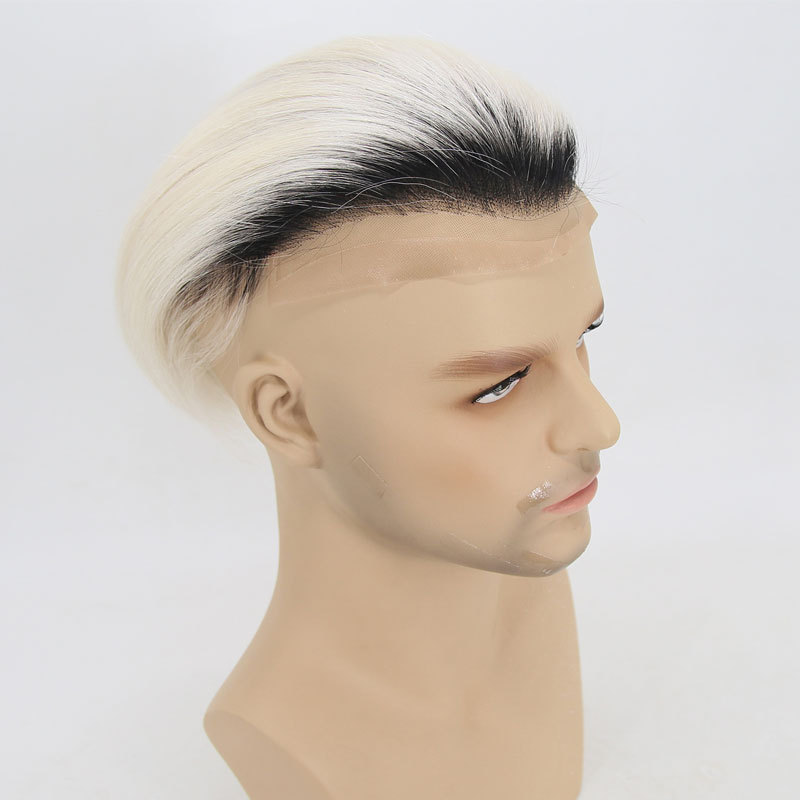 Human Hair Toupee Swiss Lace Front T1B/60 Platinum Blonde Color Hairpieces Durable 8x10" Replacement System Men's Wig