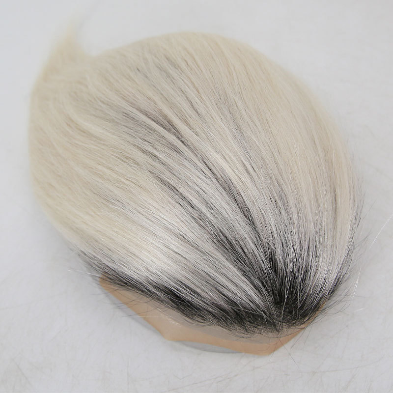 Human Hair Toupee Swiss Lace Front T1B/60 Platinum Blonde Color Hairpieces Durable 8x10" Replacement System Men's Wig