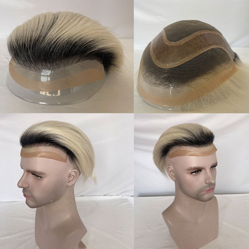Human Hair Toupee Swiss Lace Front T1B/60 Platinum Blonde Color Hairpieces Durable 8x10" Replacement System Men's Wig