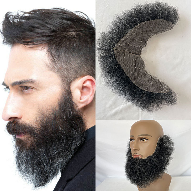 Human Hair Afro Curl Swiss Lace Fake Beard Face Mustache For American Black Men Realistic Makeup Lace Base Replace System 1B/20 Grey Hair Color