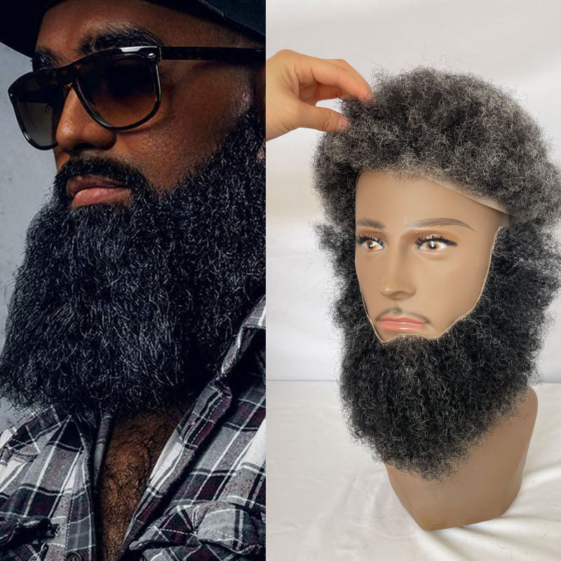Human Hair Afro Curl Swiss Lace Fake Beard Face Mustache For American Black Men Realistic Makeup Lace Base Replace System 1B/20 Grey Hair Color