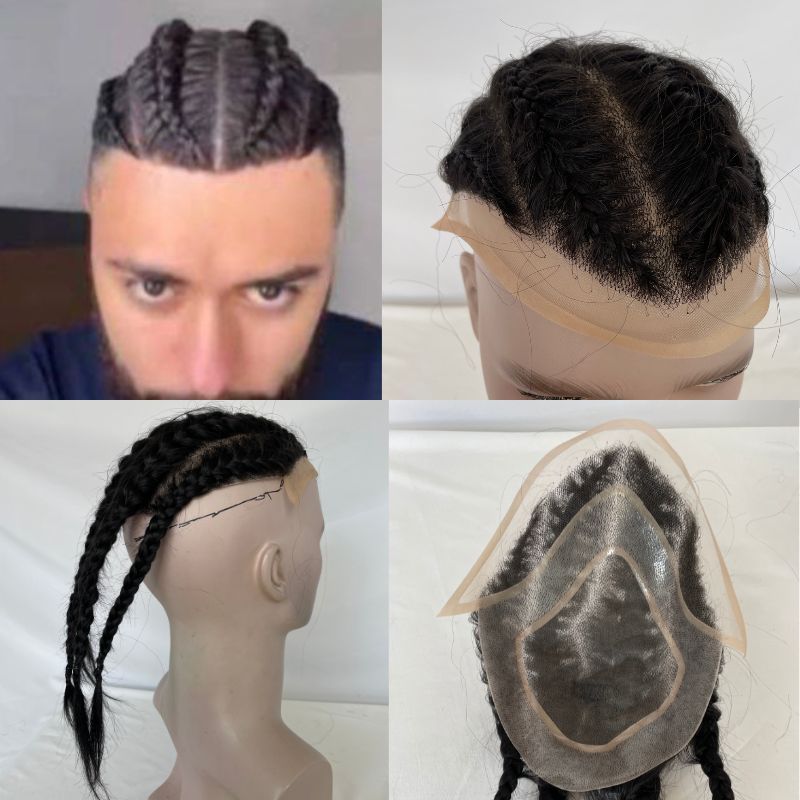 Men's Toupee Four Braids Aka Double Braids Mens Hairpiece100% Human Hair Mono Base with PU Hair System for Men Base Size 8x10 inch Hair Replacement Toupee for African American 1B Black Color