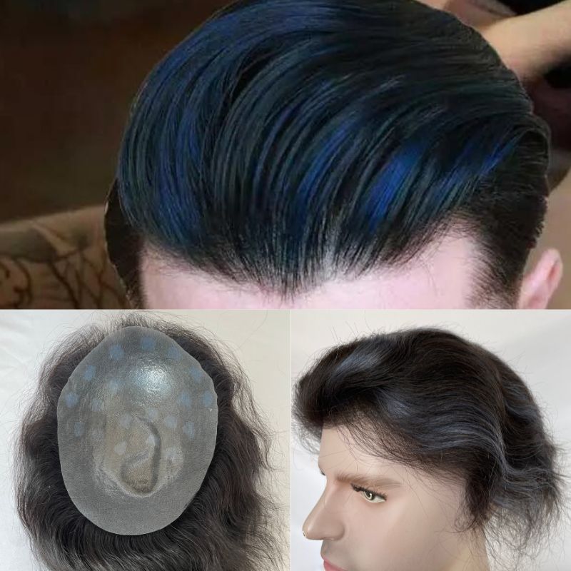 Mens Toupee 1B Highlight Blue 100% European Human Hair for Men Fine Mono Base Around PU Hair System Replacement
