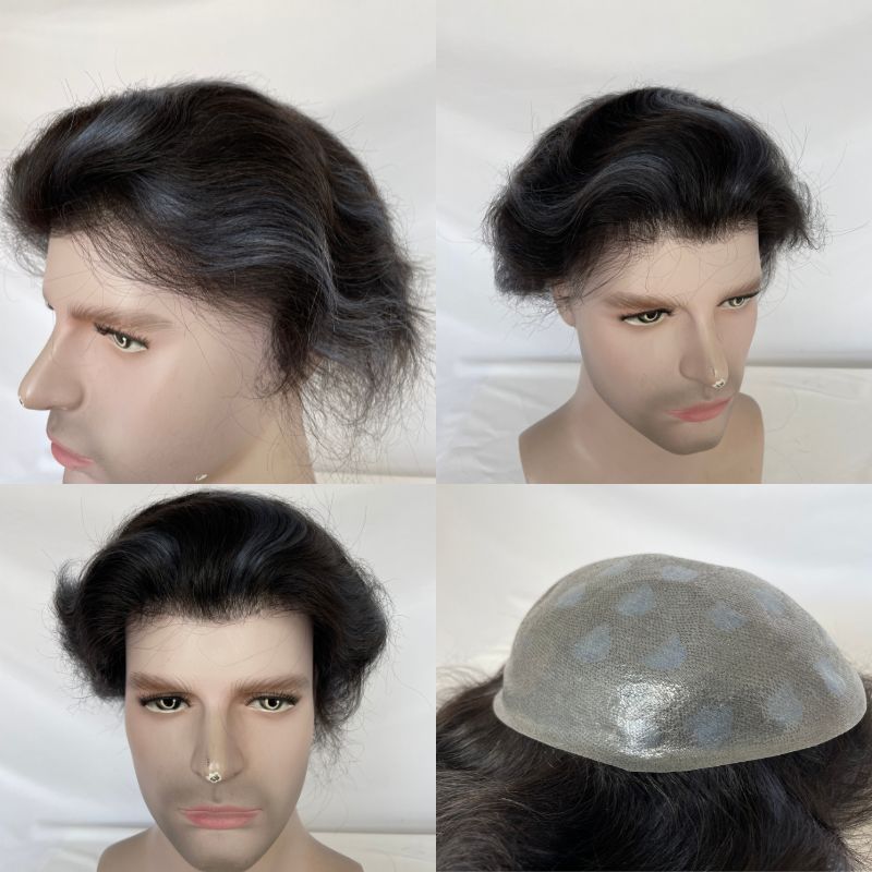 Mens Toupee 1B Highlight Blue 100% European Human Hair for Men Fine Mono Base Around PU Hair System Replacement