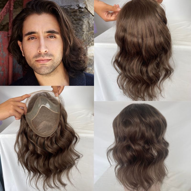 12 Inch #4 Color Medium Brown Long Hair Men's Toupee 100% Remy Human Hair Toupee Replacement Systems For Men Wigs 10"x8" Base Size Natural Wave