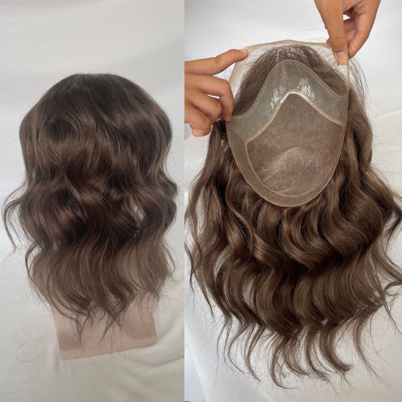 12 Inch #4 Color Medium Brown Long Hair Men's Toupee 100% Remy Human Hair Toupee Replacement Systems For Men Wigs 10"x8" Base Size Natural Wave