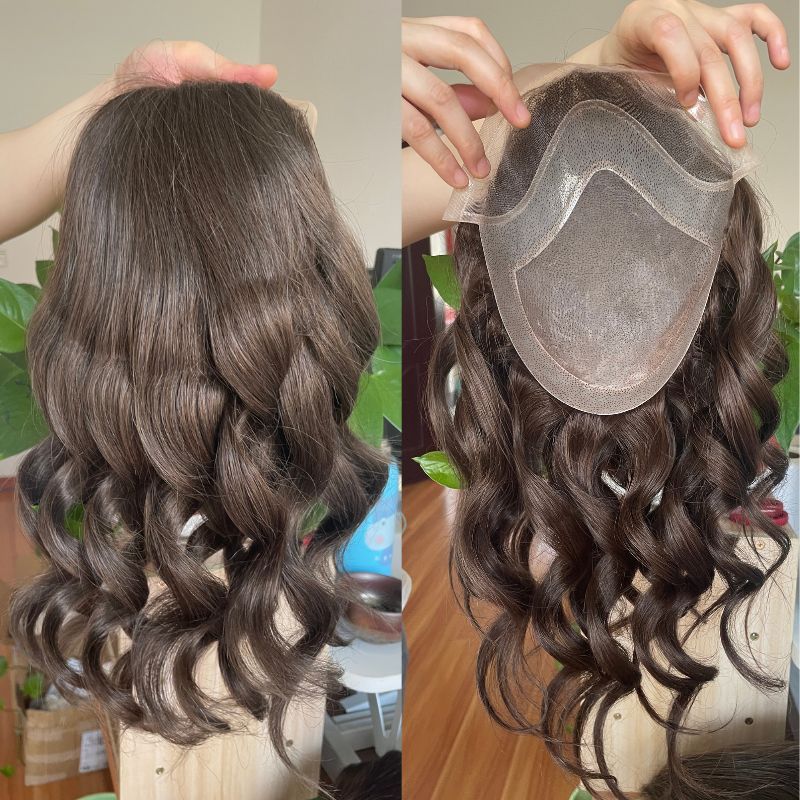 12 Inch #4 Color Medium Brown Long Hair Men's Toupee 100% Remy Human Hair Toupee Replacement Systems For Men Wigs 10"x8" Base Size Natural Wave