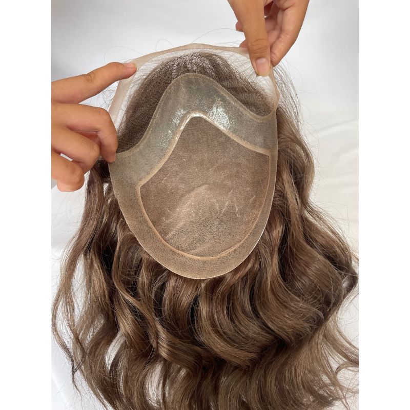 12 Inch #4 Color Medium Brown Long Hair Men's Toupee 100% Remy Human Hair Toupee Replacement Systems For Men Wigs 10"x8" Base Size Natural Wave