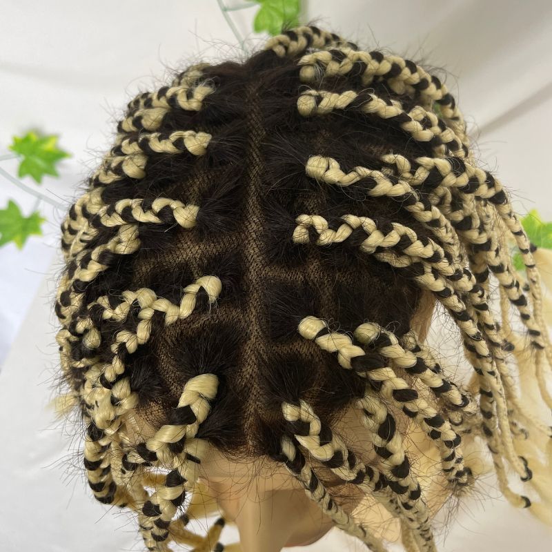 Toupee for 1B Human Hair Mix 613 Blonde Synthetic Hair Transparent Full Lace Base Box Braids Toupee For Men Women and Kids Length After Braide 10inch