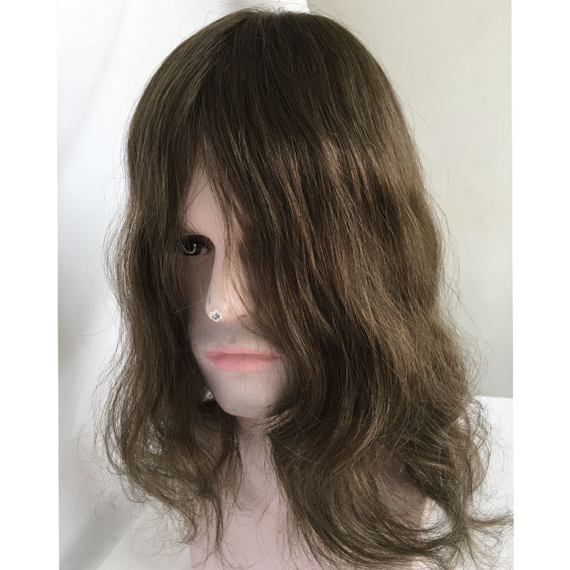 12inch Men Wigs Full Skin Pu Base Long Human Hair Men Toupee Natural Hairline Men Toupee Straight Wavy 8x10 3# Brown Colror