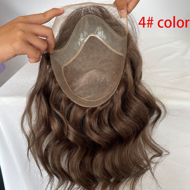 12 Inch #4 Color Medium Brown Long Hair Men's Toupee 100% Remy Human Hair Toupee Replacement Systems For Men Wigs 10"x8" Base Size Natural Wave
