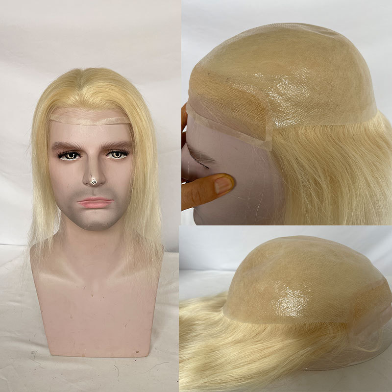Men’s Toupee Soft Thin Skin PU whit Lace Frontal 10x8inch Hair Replacement for Men's Hairpiece 100% European Human Hair Pieces for Man #4 Color