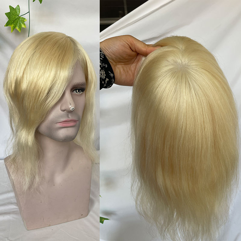 12inch Men Wigs Full Skin Pu Base Long Human Hair Men Toupee Natural Hairline Men Toupee Straight Wavy 8x10 3# Brown Colror