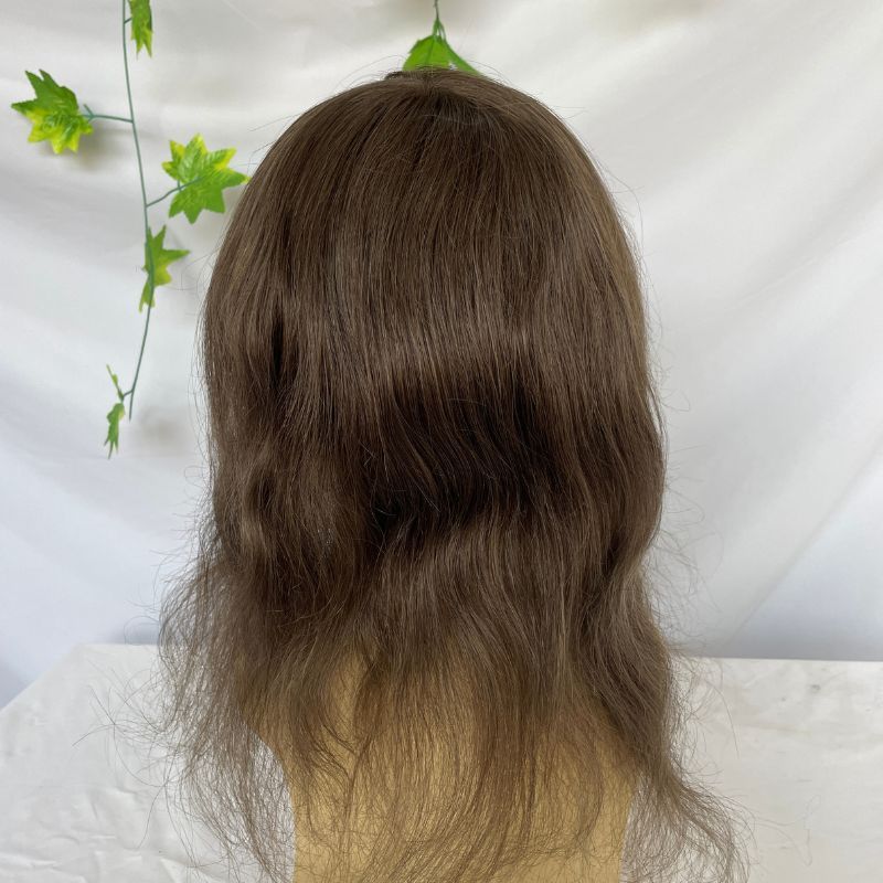 12 Inch Long Toupee for Man  European Remy Human Hair Light Brown V-loop Super Skin Base Full PU Human Hair System for Man Hair Wig Natural Toupee #4 Brown Color Hair Replacement Systems 8X10inch