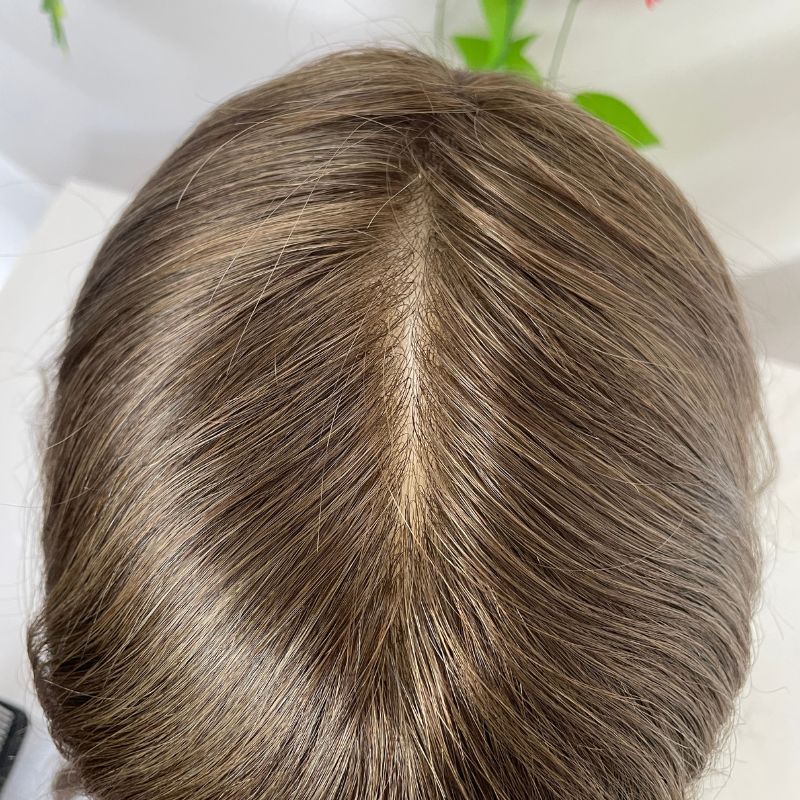 12 Inch Long Toupee for Man  European Remy Human Hair Light Brown V-loop Super Skin Base Full PU Human Hair System for Man Hair Wig Natural Toupee #4 Brown Color Hair Replacement Systems 8X10inch