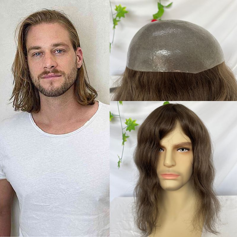 12 Inch Long Toupee for Man  European Remy Human Hair Light Brown V-loop Super Skin Base Full PU Human Hair System for Man Hair Wig Natural Toupee #4 Brown Color Hair Replacement Systems 8X10inch