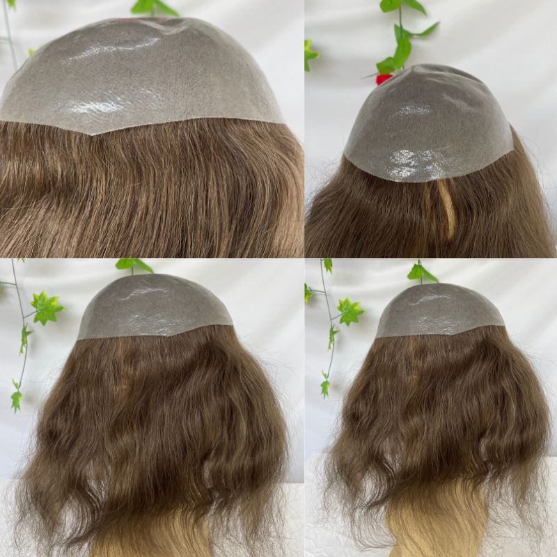 12 Inch Long Toupee for Man  European Remy Human Hair Light Brown V-loop Super Skin Base Full PU Human Hair System for Man Hair Wig Natural Toupee #4 Brown Color Hair Replacement Systems 8X10inch