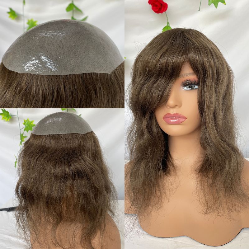 Natural Wigs Women Toupee 12 Inch Long Toupee for Woman and Man European Remy Human Hair Light Brown V-loop Super Skin Base Full PU Human Hair System for Woman Hair Wig Natural Toupee #4 Brown Color Hair Replacement Systems 8X10inch