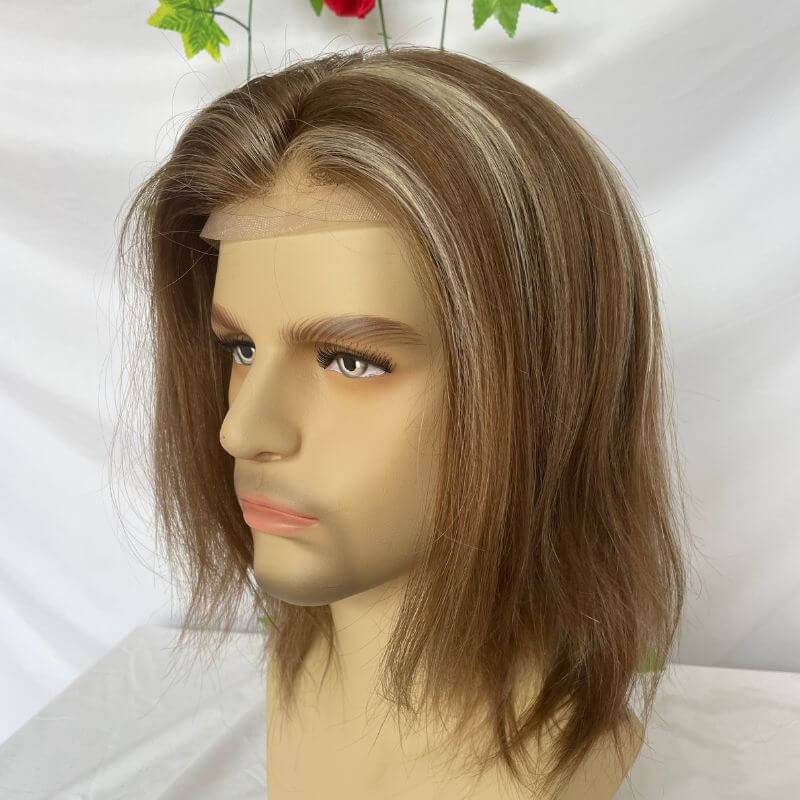 Custom Wigs  Full Swiss Lace  Human Hair Wig Toupee For Men 10inch Long Toupee Hair Wigs 6# Brown Color with 613 Blonde Hair System 10x8 inch Cap Base Size