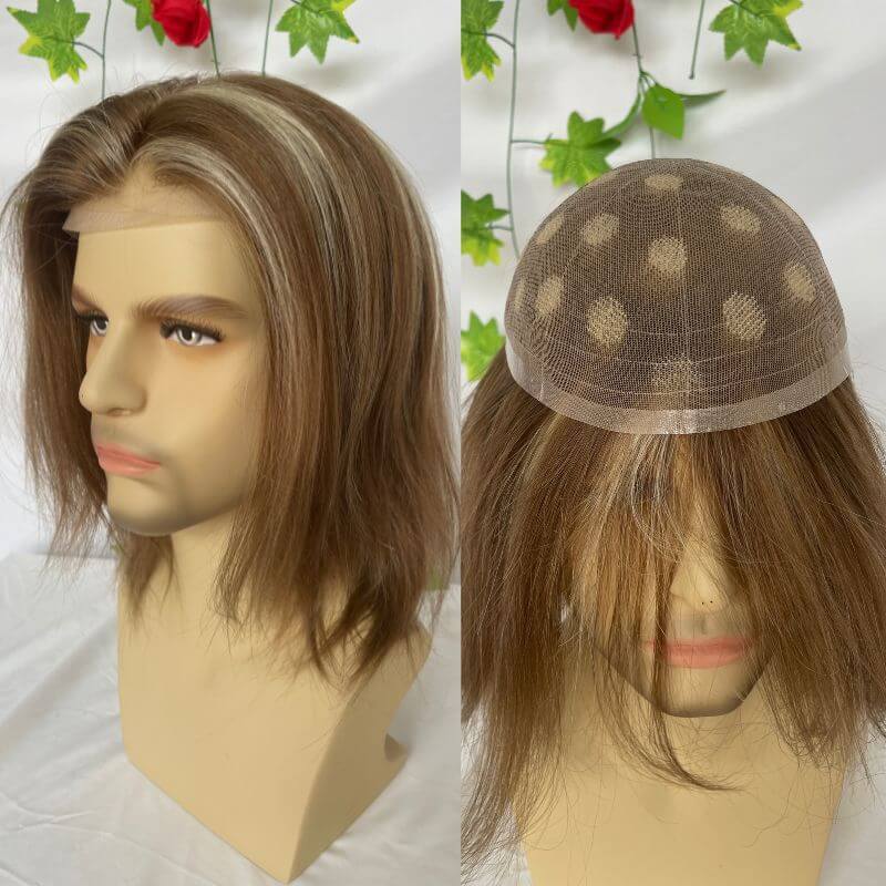Custom Wigs  Full Swiss Lace  Human Hair Wig Toupee For Men 10inch Long Toupee Hair Wigs 6# Brown Color with 613 Blonde Hair System 10x8 inch Cap Base Size