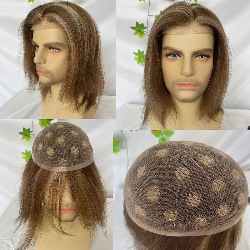 Custom Wigs  Full Swiss Lace  Human Hair Wig Toupee For Men 10inch Long Toupee Hair Wigs 6# Brown Color with 613 Blonde Hair System 10x8 inch Cap Base Size