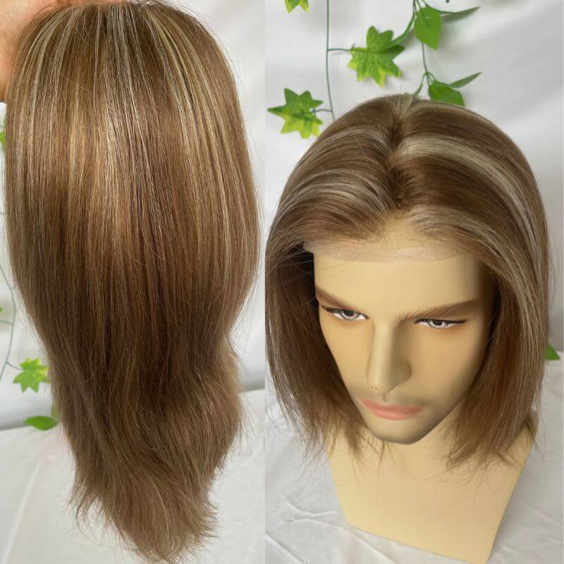 Custom Wigs  Full Swiss Lace  Human Hair Wig Toupee For Men 10inch Long Toupee Hair Wigs 6# Brown Color with 613 Blonde Hair System 10x8 inch Cap Base Size